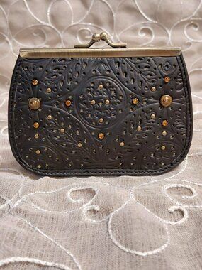 Black Tooled Leather Kiss-Lock Wallet Studded Gold Hardware ID Window